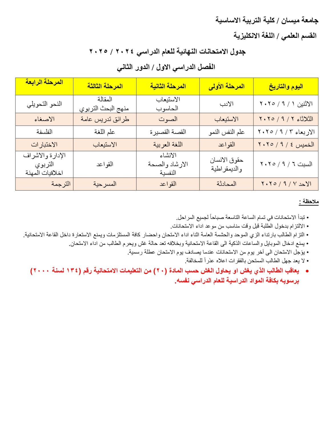 جدول الامتحانات النهائية/ الفصل الاول/ الدور الثاني 2024-2025