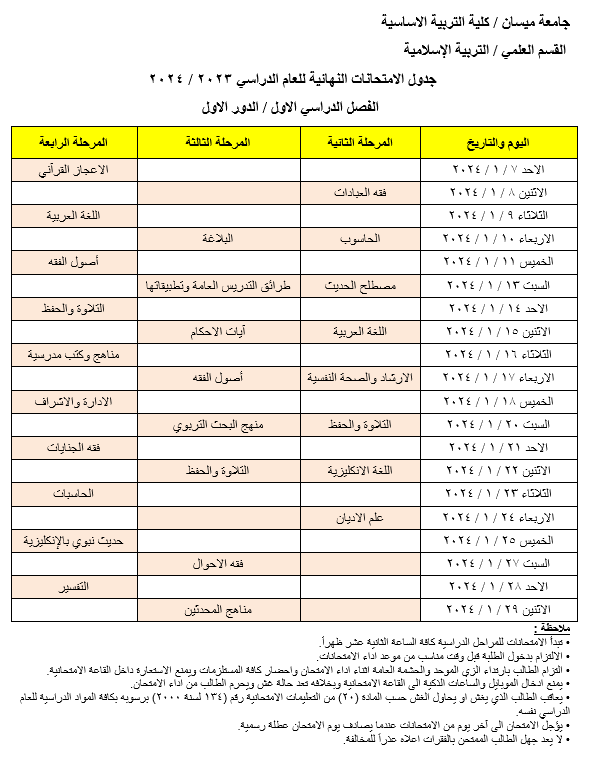 جدول امتحانات قسم التربية الاسلامية الفصل الاول 2023-2024