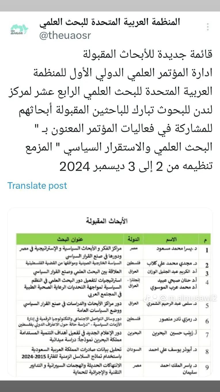 قبول بحث التدريسي في جامعة ميسان أ.م.د محمد عرب الموسوي  ضمن فعاليات المؤتمر الدولي الأول للمنظمة العربية المتحدة للبحث العلمي